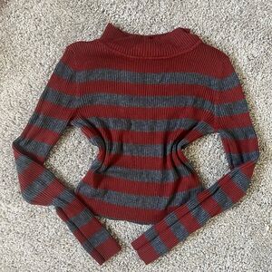 Striped Cowl Neck Sweater in Red and Gray